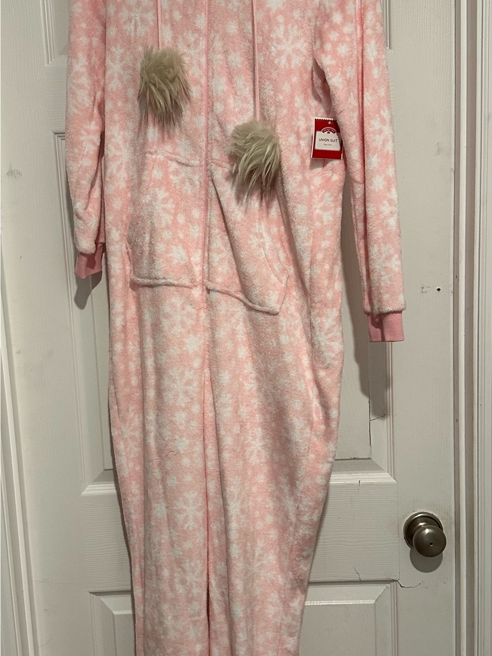 Holiday Time Pink Snowflake Fleece Onesie with Pom Poms NWT Sz Small